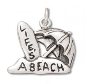 LIFE'S a BEACH with UMBRELLA, SAND & SURFBOARD Sterling Silver Charm
