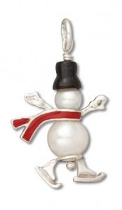 SNOWMAN on ICE SKATES with PEARLS Enameled Sterling Silver Charm