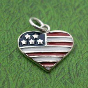 USA FLAG HEART Enameled Sterling Silver Charm